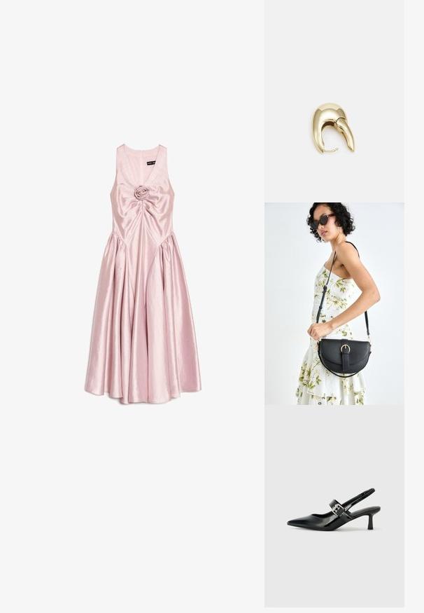 Rosa sidenklänning med ärmlös design, utrustad med en rosdetalj i mitten och en flödande, rynkad kjol.; Svarta patentläder slingback-klackar med spetsig tå och en liten blockklack, med en silvrig spänneaccent på remmen.; Svart läderhandväska med en böjd form, avtagbar rem och guldiga detaljer. Väskan har ett lock med en spänndetalj.; Örhänge i guldtonad metall med en elegant, böjd design. Har en distinkt spetsig form, polerad yta och gångjärnslås.