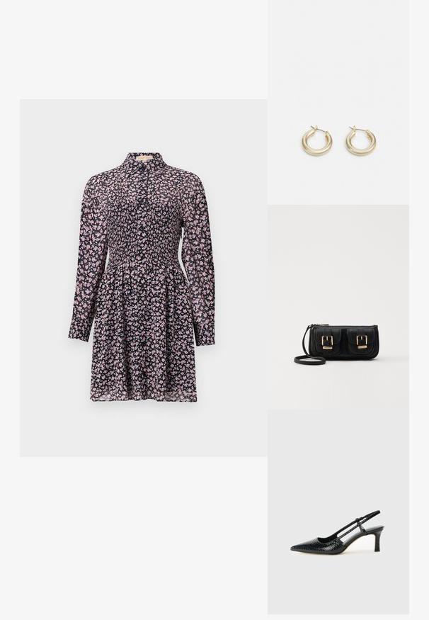 Črna obleka z dolgimi rokavi, nabranim telesom, cvetličnim vzorcem v rožnati in beli barvi, okroglo izrezom in razširjeno krilo. Lahka tkanina.; Črne lakaste slingback pete s koničastim nosom, ki imajo teksturiran vzorec kačje kože, nastavljiv trak in kratek teksturiran blok peto.; Črna usnjena torbica čez ramo z dvema sprednjima žepoma, zlatimi zaponkami, zadrgo in ozkim pasom. Tekstura površine je strukturirana, obliko pa ima kompaktno pravokotno.; Lauren Ralph Lauren BASIC SMALL HOOP - Uhani - gold-coloured
