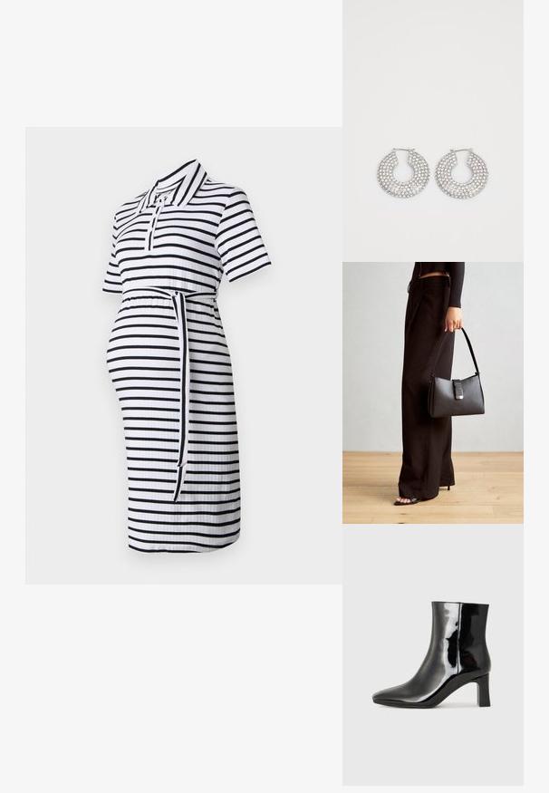 Nėštumo suknelė su apykakle, trumpomis rankovėmis, juodai baltomis horizontaliomis juostelėmis, susitraukusia talija su surišamu diržu ir raguota tekstūra.; Juodos lakuotos odinės aulinukės su smailiu pirštu ir vidutinio aukščio blokuotu kulnu. Lygus paviršius ir minimalistinis dizainas.; Juodas rankinė struktūrizuota forma, lygi tekstūra ir metalinis užsegimas. Suporuota su plačiomis juodomis kelnėmis ir atvirais bateliais ant medinių grindų.; Sidabrinės auskarų žiedai, papuošti daugybe skaidrių kristalų akcentų, su tekstūruota paviršiumi ir atviru apvaliu dizainu.