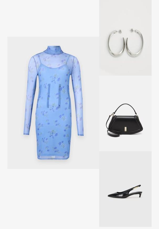 Vestido de malla azul con flores, mangas largas, un cuello alto y tres costuras verticales como detalle de diseño. Presenta una silueta ajustada.; Tacones negros de piel sintética tipo slingback con punta afilada, que cuentan con un tacón delgado y un detalle en tono dorado en la correa ajustable. Textura suave.; Bolso de mano de cuero negro con un diseño estructurado, que presenta una forma recortada, asa superior y acentos en dorado. Correa de hombro ajustable incluida.; Pendientes de aro de plata con un diseño curvado y suave. Presentan un acabado metálico brillante y cierre de presión. Sin patrones ni acentos visibles.