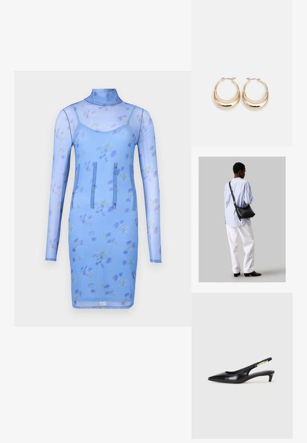 Sininen kukallinen verkkomekko, jossa on pitkät hihat, korkea pääntie ja kolme pystysaumaa design-yksityiskohtina. Mekolla on muotoiltu siluetti.; Mustat nahkaiset slingback-korkokengät, joissa on terävä kärki, ohuet korot ja kultasävytteinen yksityiskohta säädettävässä hihnassa. Silkkinen pinta.; Musta nahkainen olkalaukku, jossa on pehmeä rakenne, kolmion muoto ja säädettävä hihna, yhdistettynä vaaleansiniseen raidalliseen paitaan ja valkoisiin housuihin.; Kulta-toned korvakorut, joissa on puolikuun muoto, kiillotettu pinta ja sarana-closure. Sujuva rakenne ja heijastava pinta parantavat näkyvyyttä.