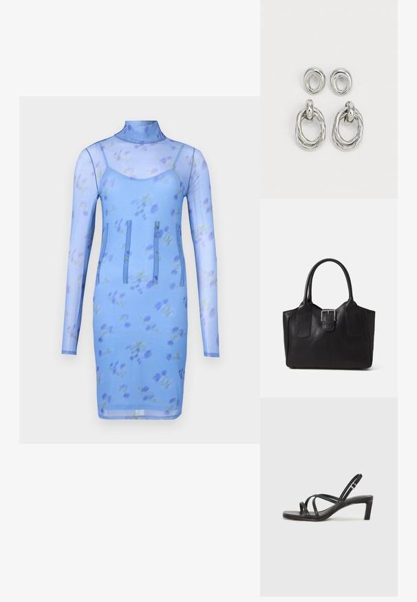 Blå blomstret mesh-kjole med lange ermer, høy krage og tre vertikale sømmer for designdetalj. Har en tettsittende silhuett.; Sorte sandaler med stropper, firkantet tå og lav blokk hæl. Har flere tynne stropper og en justerbar ankelstropp. Laget av glatt lær.; Svart skinn toteveske med jevn tekstur, strukturert form, to håndtak og en fremtredende sølvspenne foran.; Sølvfargede metaløredobber med to par design: en vridd sirkelformet ring og en glatt sirkelformet stud. Reflekterende overflate forbedrer elegansen.