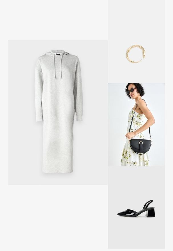 Kapučiuku aptrauktas ilgo rankovės suknelė, pagaminta iš šviesiai pilkos džinsinio audinio, pasižyminti laisvu siluetu, šoninėmis plyšiais ir raišteliu kepurėje.; Juodos lakuotos odinės šlepetės su smailiu pirštu ir geometriniu bloko kulnu. Turi elegantišką, minimalistinį dizainą ir lygų paviršių.; Juodas odinis krepšys su išlenkta forma, nuimamu dirželiu ir auksiniais detalėmis. Krepšys turi kilpą su sagtimi.; Auksinės spalvos žiedas, turintis organišką, sukimosi dizainą su lygiu paviršiumi ir siaurėjančiais galais, sukuriantis modernią skulptūrinę išvaizdą.