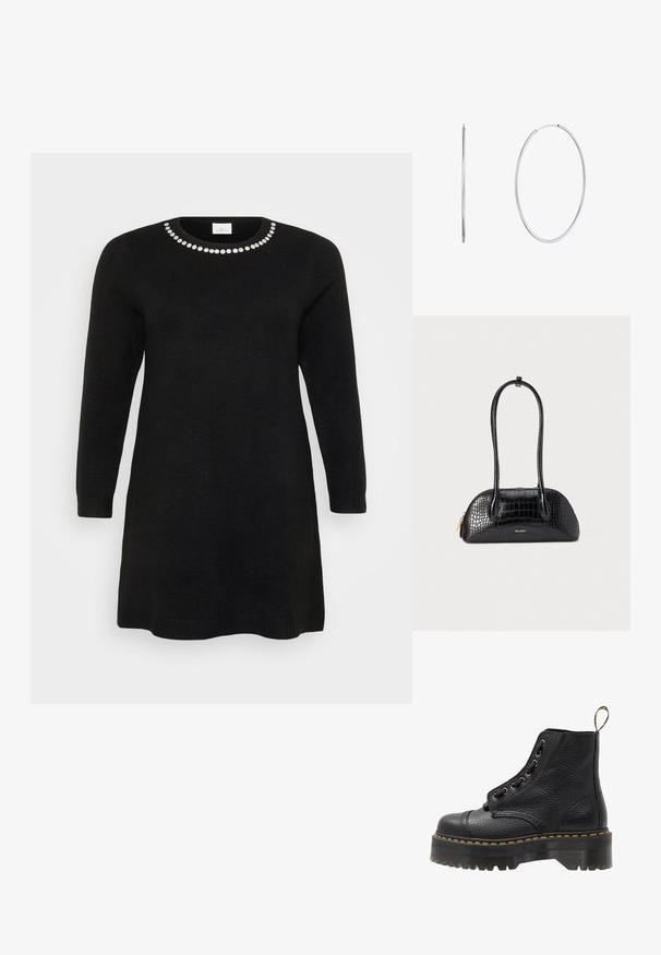 Black knitted dress with long sleeves and a rounded neckline, featuring a row of decorative gems along the collar. Simple and straight cut.; Black leather ankle boot with textured surface, round toe, lace-up design, yellow stitching, and a thick, ridged black platform sole.; Black crocodile-patterned handbag with a smooth texture, rounded shape, and two slender handles. Gold logo accent near the base.; Silver metal hoop earrings, oval-shaped, thin design, lightweight, featuring a smooth texture with a secure clasp for easy wear.