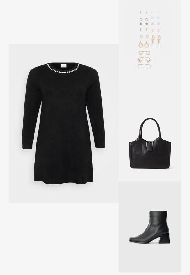 Melna adīta kleita ar garām piedurknēm un apaļu izgriezumu, kurai ir dekoratīvu dārgakmeņu rinda ap apkakli. Vienkārša un taisna griezuma.; Melna ādas potītes zābaku ar kvadrātveida purngalu, sānu rāvējslēdzēju un bloku papēdi uz vienkārša gaismas fona.; Melnas ādas somiņa ar gludu tekstūru, strukturētu formu, divām rokturām un izteiktu sudraba sprādzi priekšpusē.; Zeltainā tonī auskari, kas iekļauj dažādus dizainus, tostarp pīrsingu, gredzenus un karājošus elementus ar pērlēm un rhinestones.