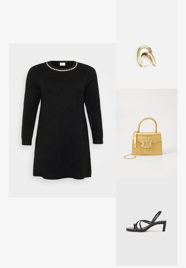 Rochie neagră tricotată cu mâneci lungi și decolteu rotund, având o serie de bijuterii decorative pe guler. Croială simplă și dreaptă.; Sandal cu barete negre, cu vârf pătrat și toc mic de bloc. Prezintă mai multe barete subțiri și o bareta ajustabilă la gleznă. Fabricat din piele netedă.; Geantă galbenă din faux-crocodil cu un design structurat, mână superioară, curea detașabilă cu lanț și embellisment decorativ cu cristale pe închidere.; Cercei din metal de culoare aurie cu un design elegant și curbat. Prezintă o formă distinctivă, ascuțită, o suprafață lustruită și un sistem de închidere cu balama.