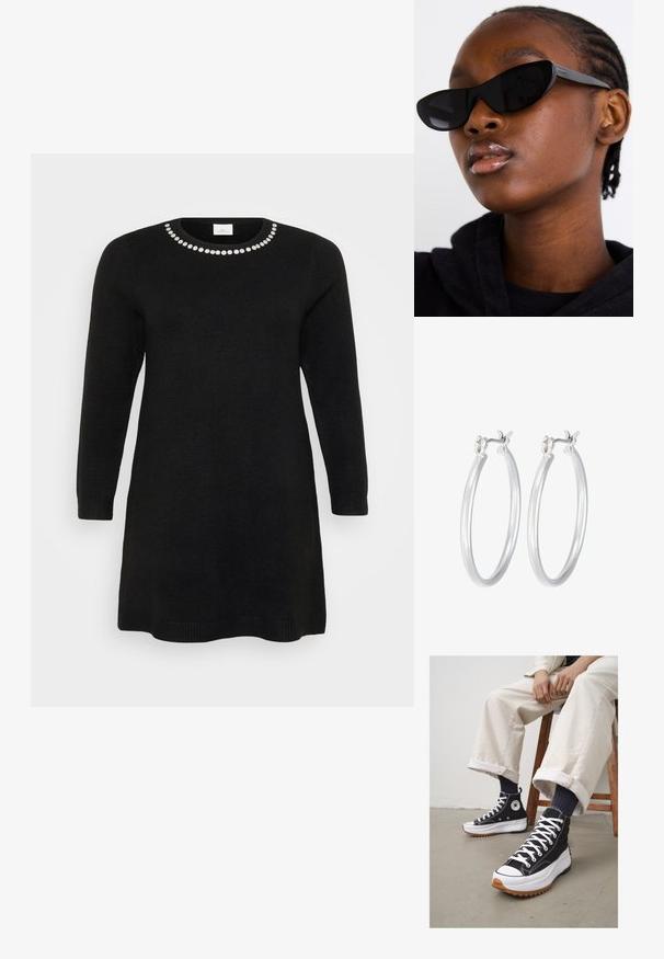 Melna adīta kleita ar garām piedurknēm un apaļu izgriezumu, kurai ir dekoratīvu dārgakmeņu rinda ap apkakli. Vienkārša un taisna griezuma.; Augstie melnie sporta apavi ar baltām auklām un gumiju purngalā. Bieza balta zole ar strukturētu brūnu ārējo zoli, valkāti ar zilām svītrainām zeķēm.; Melnas kaķa acs saulesbrilles ar matētu apdari, kas izceļas ar elegantu dizainu un maigi izliektiem stūriem, fona attēlā ir modelis ar tumšām drēbēm.; Sudraba riņķveida auss gredzeni ar gludu, pulētu apdari. Apaļa forma un drošs klikšķa augšējais slēgums. Viegls dizains, kas piemērots ikdienas valkāšanai.