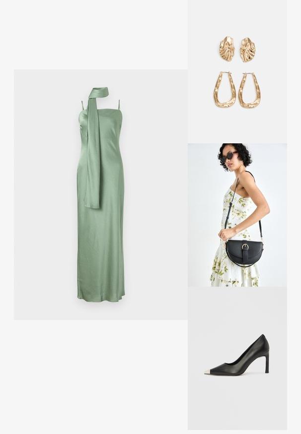 Vestido verde de cetim com decote reto, alças spaghetti ajustáveis e um detalhe de lenço longo caído sobre um ombro.; Sapato de salto alto em couro preto com bico apontado e biqueira metálica prateada. Apresenta um acabamento liso e um salto esguio de 10 cm.; Bolsa de couro preta com forma curva, alça destacável e detalhes em dourado. A bolsa possui uma aba com detalhe de fivela.; Brincos em tom de ouro com formas onduladas e texturizadas. Inclui studs escultóricos com presilha e um design de argola aberta com um acabamento martelado.
