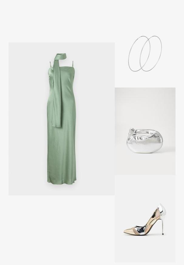 Abito verde in satin con scollatura dritta, spalline sottili regolabili e un lungo drappo di sciarpa che si posa su una spalla.; Scarpa con tacco alto a punta, con una combinazione di colori argento, oro e nudo. Finitura lucida con design a ritaglio, con tacco a stiletto.; Borsa a pochette metallica argentea con una forma morbida e arrotondata e chiusura superiore annodata. Realizzata in materiale sintetico morbido.; Orecchini a cerchio in argento con un design minimalista. Forma circolare, superficie liscia e profilo sottile. Leggeri con una finitura lucida.