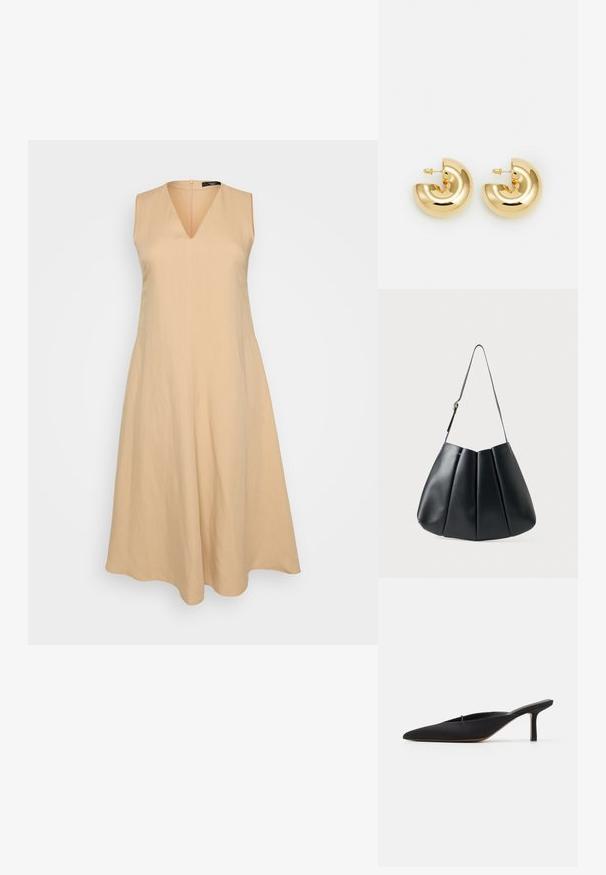 Robe sans manches beige avec un décolleté en V, évasée à partir de la taille, fabriquée dans un tissu léger, dotée d'une fermeture éclair dans le dos.; Mule noir à bout pointu avec un design élégant, fabriqué en tissu lisse, présentant un talon fin et un dos ouvert pour faciliter l'enfilage.; Sac à épaule en cuir noir avec un design plissé, texture lisse, une seule sangle et un subtil accent en doré.; Boucles d'oreilles en métal doré en forme de créole, au design brillant et incurvé. Elles affichent une forme de demi-lune avec des surfaces lisses et une fermeture à tige.