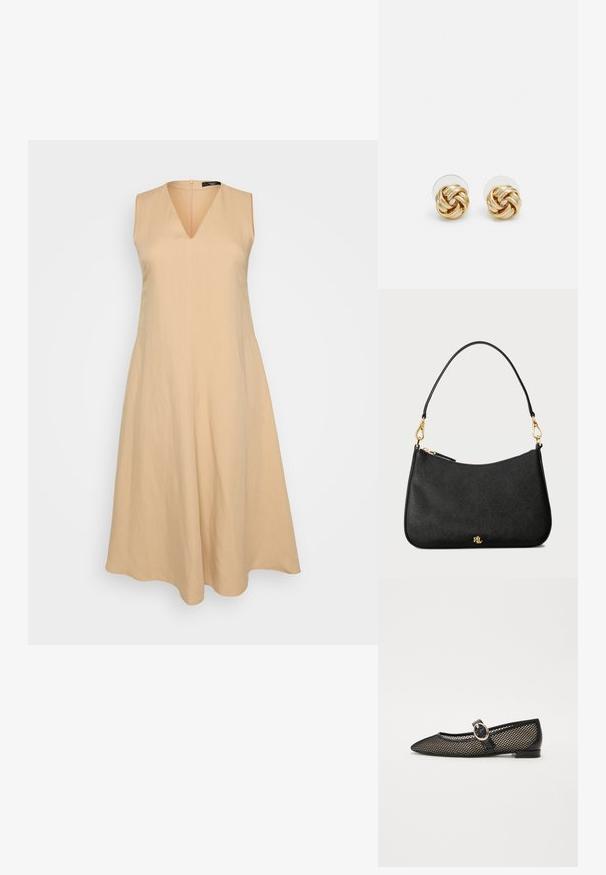 Robe sans manches beige avec un décolleté en V, évasée à partir de la taille, fabriquée dans un tissu léger, dotée d'une fermeture éclair dans le dos.; Chaussure plate Mary Jane noire à bout pointu avec design en maille, bord en cuir et boucle dorée ronde sur la sangle.; Sac à main en cuir noir au design structuré, doté d'une fermeture éclair, d'une bandoulière amovible et d'accents en métal doré.; Boucles d'oreilles avec clou en métal doré et design torsadé. Chaque boucle d'oreille est dotée d'un arrière transparent circulaire pour un port sécurisé.