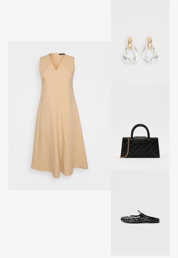 Beige ærmeløs kjole med V-udskæring, der svinger ud fra taljen, lavet af et let materiale, med en lynlåslukning bagpå.; Tory Burch MELLOW MARY JANE - Slip-on sandaler - perfect black/gold; Sorte håndtaske lavet af tekstureret læder, med et diamantmønster, guldfarvet kædetræk, og et topgreb med en logo-præget klaplås.; Tory Burch WISHBONE EARRINGS - Øreringe - gold-coloured/silver-coloured