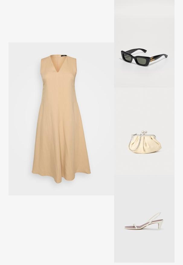 Rochie bej fără mâneci cu decolteu în V, cu evazare de la talie, realizată dintr-un material ușor, având închidere cu fermoar la spate.; Sandale albe cu toc mic, curele subțiri și o textură netedă din piele; prezintă o cataramă decorativă mică.; Ochelari de soare dreptunghiulari negri cu lentile verzi închise, având un logo auriu lucios pe lateral. Cadru din plastic neted cu un design îndrăzneț.; Clutch din piele plisată bej, cu un cadru din metal argintiu, având două închideri decorative rotunde și o curea din lanț argintiu.