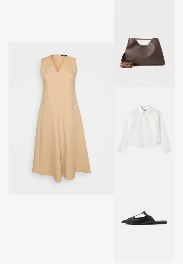 Robe sans manches beige avec un décolleté en V, évasée à partir de la taille, fabriquée dans un tissu léger, dotée d'une fermeture éclair dans le dos.; Chemise blanche à manches longues raccourcie en coton. Elle présente un devant à boutons, une poche sur la poitrine et un petit logo noir en bas à gauche.; Chaussure en cuir noir à talon ouvert avec un bout pointu, présentant un accent tressé et un design supérieur plissé. Semelle plate avec un matériel minimal.; Sac à main en cuir marron avec une finition texturée, un design angulaire et une poignée supérieure distinctive. Présente un détail de sangle tissée à motif.