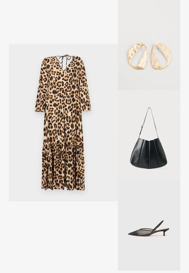 Haljina s uzorkom tigrastog krzna, V-izrezom, dugim rukavima i višeslojnim volanima na donjem rubu. Izrađena od glatkog materijala. Ima detalj vezanja na leđima.; NEOUS IRENA - Klasične cipele s visokom petom - black; Crna kožna torba preko ramena s nabranim dizajnom, glatkom teksturom, jednim remenom i suptilnim zlatnim detaljem.; Par zlatnih metalnih naušnica nepravilnog ovalnog oblika s teksturiranom, blago kovanom površinom na bijeloj pozadini.