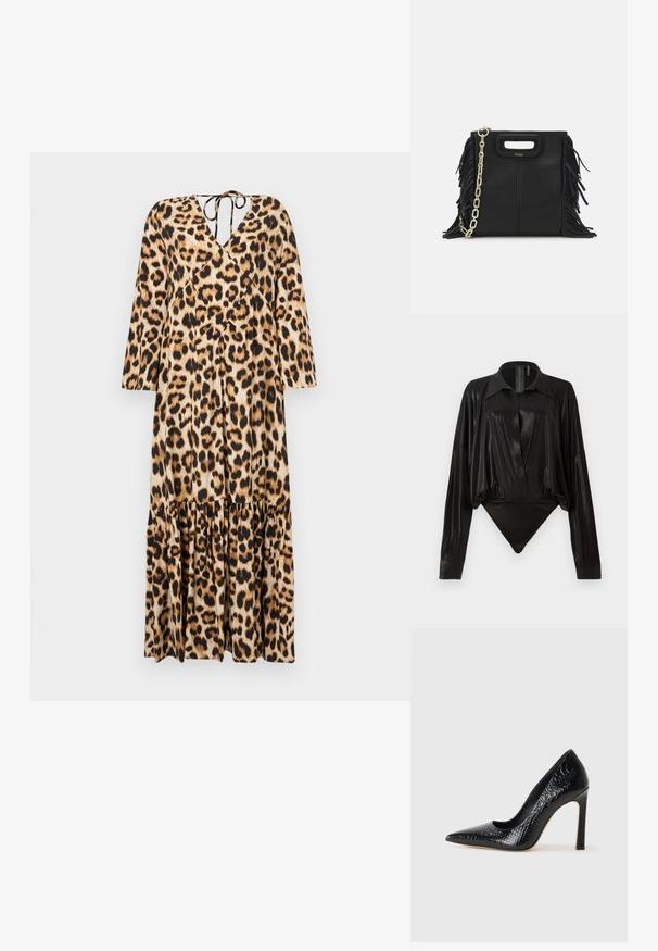 Šaty s leopardím potiskem, V-výstřihem, dlouhými rukávy a volánkovým lemem na několika vrstvách. Vyrobeno z hladkého materiálu. Má zavazování na zadní straně.; Černý body s dlouhými rukávy, výstřihem do V a přiléhavým střihem. Vyrobeno z lesklého, hladkého materiálu se strukturovaným límcem a manžetami.; Černý lodičkový bot s špičatou špičkou, pokrytý texturou krokodýlí kůže, s elegantním designem, vysokým stiletto podpatkem a hladkým černým interiérem.; Černá kožená kabelka s třásněmi, zlatým řetízkovým ramenním popruhem a rukojetí s výřezem. Na přední straně se nachází logo.