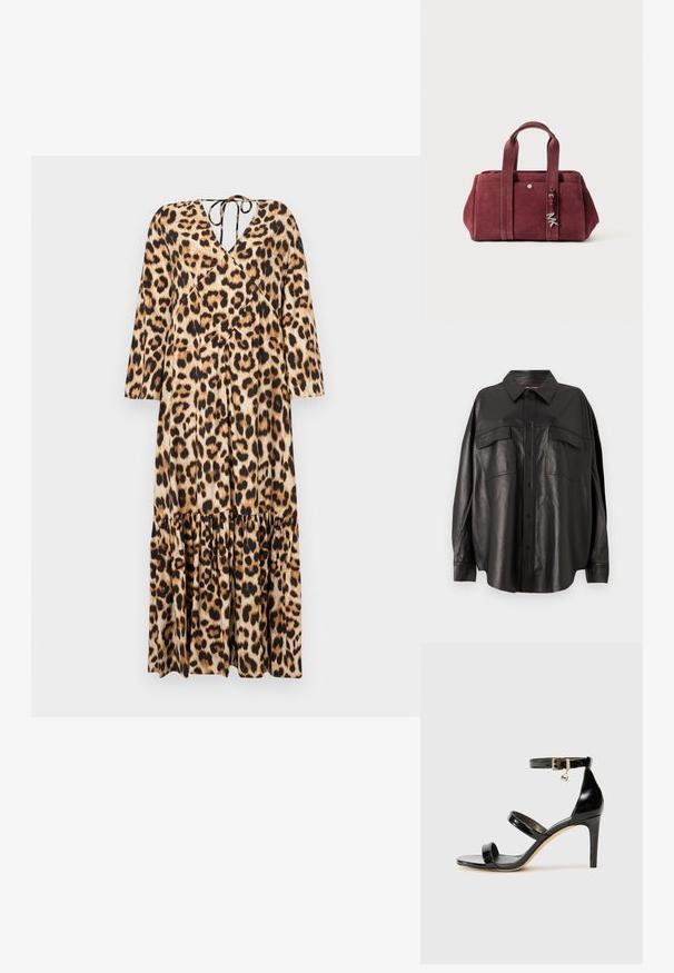 Leopard print suknelė su V formos iškirpte, ilgomis rankovėmis ir sluoksniuota volanėle apačioje. Pagaminta iš glotnaus audinio. Yra raištelių detalė nugaroje.; Juodas odinis marškiniai su mygtukais priekyje, smailiu apykakle ir dviem krūtinės kišenėmis. Išsiskiria laisvu siluetu ir glotnia tekstūra.; Juodas patentuotas odinis sandalai su trimis diržais, kulkšnies sagtimi ir 4 colių stiletto kulnu. Yra aukso detalės ir logotipo žavesys.; Burgundiškai raudonas zomšiniais rankinė su dviem viršutiniais rankenomis, užtrauktuko uždarymu, priekinė kišenė ir metalinis papuošalas. Stačiakampio formos, su švelnia tekstūra.