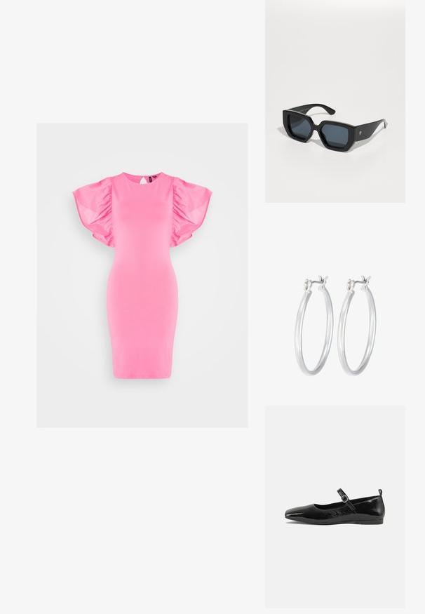Roza oprijeta obleka s kratkimi, napihnjenimi rokavi iz mehkega blaga. Ima okroglo izrez in odprtino na hrbtni strani.; Črne lakirane balerinke s koničastim nosom, trakkom okoli gležnja s sponko in gladko, sijočo teksturo. Nizek peti za udobje.; Črne velike sončne očala z geometrijskim dizajnom, pravokotnimi lečami in sijočo površino. Brez vidne blagovne znamke spredaj.; Srebrni obroči za ušesa z gladko, polirano površino. Okrogla oblika in varna zaponka s klikom. Lahka zasnova, primerna za vsakodnevno nošenje.