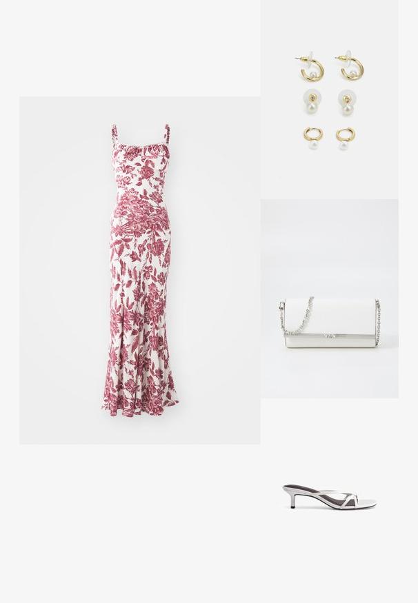 sandro JOSELLE - Maksimekko - blanc/rouge; Hopeat korkokengät, joissa on ristikkäiset hihnat, sileä pinta ja terävä kärki. Korko on noin kaksi tuumaa korkea.; MICHAEL Michael Kors MONA - Olkalaukku - optic white; Korvankorut kultasävyssä, joissa on pyöreitä muotoja, helmiä ja kristallikoristelu. Mukana on nappi- ja renkaatyyliä läpinäkyvillä taustoilla.