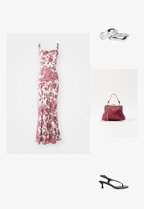 sandro JOSELLE - Maxikjoler - blanc/rouge; Sort læder sandal med et slankt design, tynde stropper og en lille hæl. Har en spænde detaljer og en glat, tekstureret indersål.; Rød læderhåndtaske med en sølvfarvet kædestrop, rund form, plisseret design og en metalspænde øverst. Udsmykket med et logodetail.; To skridende ringe lavet af poleret sølvmetal, med glatte, buede former og blanke overflader samt reflekterende højdepunkter.