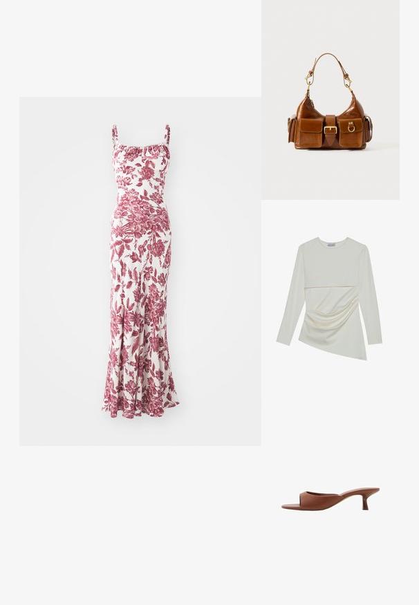 sandro JOSELLE - Maxi šaty - blanc/rouge; Krémový top s dlouhými rukávy a kulatým výstřihem, který má vrstvený design a na spodní části nařasené detaily. Měkká tkanina s hladkým povrchem.; Hnědé sandály na podpatku s otevřenou špičkou a hladkým, matným povrchem, které mají zakřivený design a průhledný, zúžený podpatek.; Hnědá kožená kabelka zakřiveného tvaru se zlatě tónovanými detaily, dvěma předními kapsami a širokým popruhem. Hladká textura s elegantním povrchem.