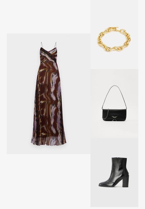 Bedrucktes Maxikleid mit dünnen Trägern, featuring ein plissiertes Design in Brauntönen, Lila und Schwarz, mit einem abstrakten Muster.; Schwarze Leder-Stiefelette mit glatter Textur, spitzem Fuß und klobigem hohen Absatz. Verfügt über eine seitliche Öffnung und ein minimalistisches Design.; Schwarze Lederhandtasche mit einem silbernen Kettenriemen, verziert mit dekorativen Flügelakzenten und weißen Nähten entlang der unteren Naht.; Rabanne XL LINK NECKLACE - Halskette - gold-coloured