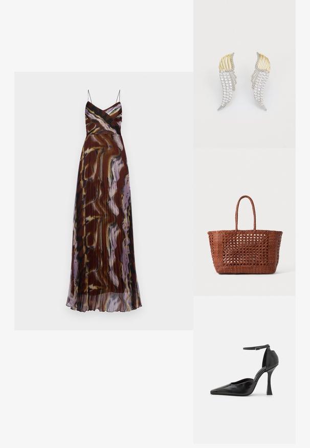 Trükitud maksimekko õhukeste rihmadega, pleeditud kujundusega pruuni, lilla ja musta tooni kombinatsioonis, millel on abstraktne mustriline. ; Mustad mustaga kõrge kontsaga king, millel on läikiv viimistlus, terav nina, pahkluuring ja skulptuurne stiletto konts. Sile tekstuur ja stiilne disain.; Kootud pruun kott avatud mustriga, ristküliku kujuga ja kahe soonikuga käepideme ning tugeva aluse toeks.; Kaks tiivakujulist kõrvaehte, mis on valmistatud hõbedatooni metallist, millel on selged ümarad kristallid ja kuldtooni metallikattega kihiline disain.
