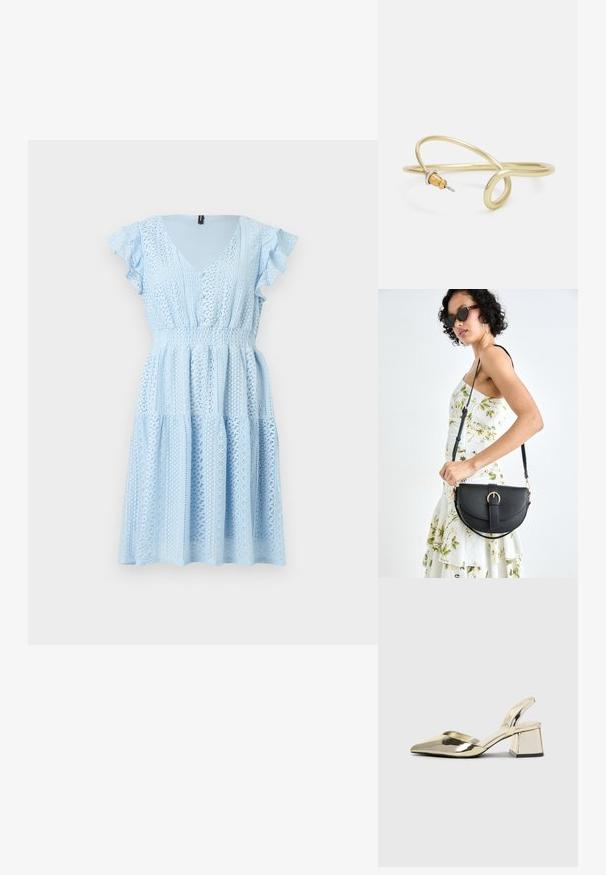 Svijetloplaba haljina s V-izrezom, kratkim naboranim rukavima i elastičnim strukom. Tkanina sadrži složene čipkaste detalje i haljinu s više slojeva.; Zlatni metalik slingback sandali s šiljatim vrhom i debelim potpeticama. Glatka tekstura, minimalistički dizajn i uski remen.; Crna kožna torba s lukovitim oblikom, odvojivim remenom i zlatnim detaljima. Torba ima preklop s kopčom.; Zlatna metalna narukvica s fluidnim, zavojitim dizajnom. Sadrži mali, istaknuti srebrni akcent na jednom kraju.
