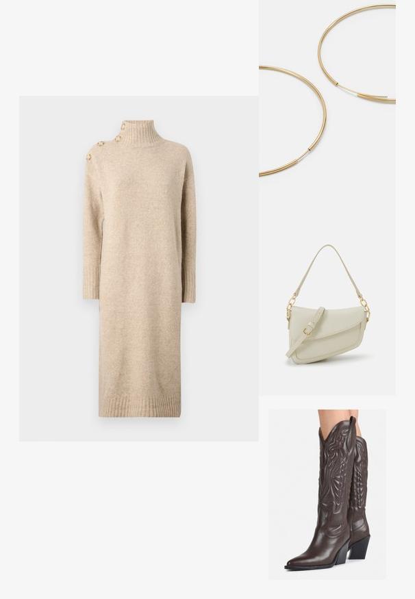 Bežinė megzta suknelė su aukštu apykakle, turinti perbrauktas rankoves ir tris dekoratyvinius mygtukus ant vieno peties. Minkšta tekstūra, vidutinio ilgio dizainas.; Rudos odinės kaubojaus batai su smailiu priekiu ir blokuotu kulnu, pasižymintys detaliu siuvinėjimu ir iškiliais akcentais ant ašies.; Mažas kreminis rankinukas su tekstūruotu paviršiumi, ilga reguliuojama juostele, grandinėle ir užsegimu su atvartu. Aukso detalės.; Aukso spalvos žiedo auskarai, ploni ir apvalūs, su lygiu metaliniu paviršiumi be papuošimų ar raštų.