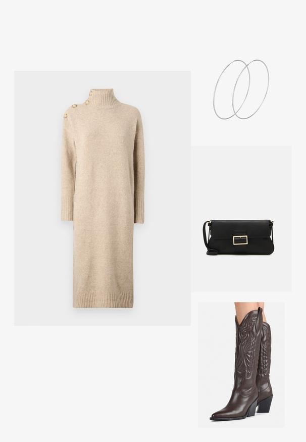 Bežinė megzta suknelė su aukštu apykakle, turinti perbrauktas rankoves ir tris dekoratyvinius mygtukus ant vieno peties. Minkšta tekstūra, vidutinio ilgio dizainas.; Rudos odinės kaubojaus batai su smailiu priekiu ir blokuotu kulnu, pasižymintys detaliu siuvinėjimu ir iškiliais akcentais ant ašies.; Juodas odinis dėkliukas su atvarteliu ir auksinės metalinės sagties detalėmis. Įeina juodas diržas ir elegantiškas, minimalistinis dizainas.; Sidabrinės pusmėnulio auskarai minimalistiniu dizainu. Apskritimo forma, lygus paviršius ir plonas profilis. Lengvi su poliruotu apdailu.