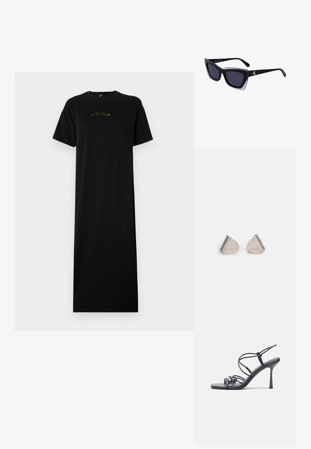 Fekete pamut t-shirtruha egyenes szabással, rövid ujjakkal és kerek nyakkivágással. Arany színű betűkkel szerepel rajta a "Barbour International" felirat.; Fekete magas sarkú szandálok vékony pántokkal, csomózott mintával, sima négyzetes orral és karcsú stiletto sarkal rendelkeznek.; Fekete, nagyméretű napszemüveg geometrikus formával, sötét lencsékkel és kontrasztos szürke részlettel a kereten. Logó a szárán.; Ezüst fém fülbevalók sima, csepp alakú formával és fényes felülettel. Finom gravírozások teszik részletessé. Minimalista dizájn.