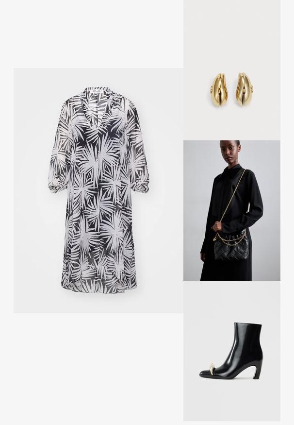 Diane von Furstenberg ILEANA DRESS - Rochie de zi - black; Cizme negre peste glezna, realizate din piele lucioasă, cu vârf ascuțit și un accent decorativ aurii și argintii în față. Design cu toc pătrat.; Geantă de mână din piele quinoa neagră, cu vârf adunat, curea din lanț auriu și formă rectangulară, ținută pe un fundal simplu.; Cercei aurii cu un design curbat și fluid. Fiecare cercei are o suprafață netedă și un mic sistem de prindere cu un detaliu decorativ.