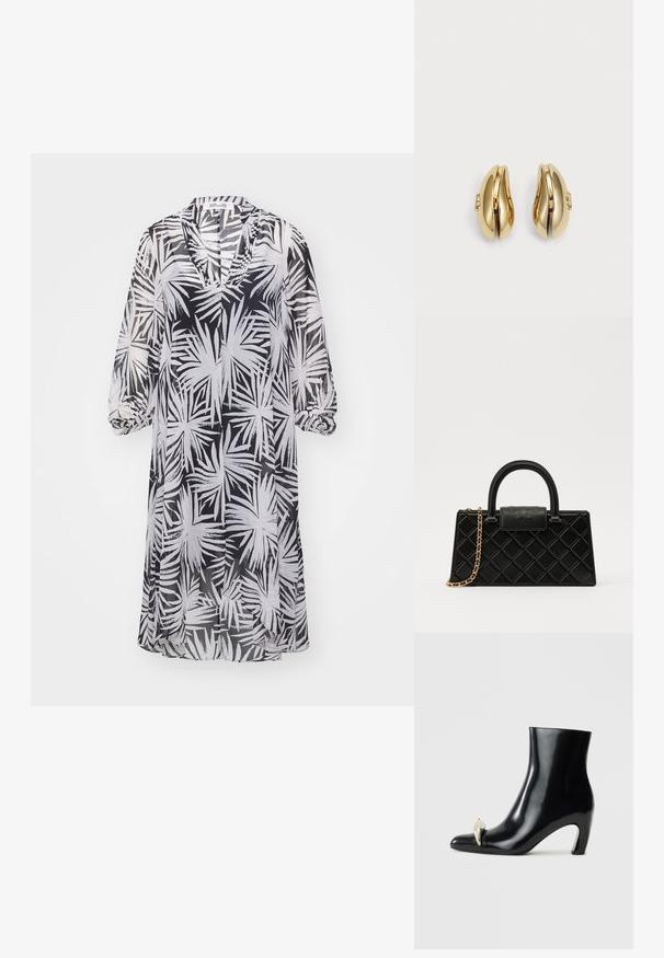 Diane von Furstenberg ILEANA DRESS - Denné šaty - black; Čierne členkové topánky vyrobené z lesklej kože, s ostrou špičkou a dekoratívnym zlatým a strieborným akcentom vpredu. Dizajn na blokovom podpätku.; Čierna kabelka vyrobená z textúrovanej kože, s diamantovým vzorom, zlatohnedým reťazovým popruhom a hornou rukoväťou s klopou so zlateným logom.; Náušnice zlatého odtieňa s plynulým, zakriveným dizajnom. Každá náušnica má hladký povrch a malú sponu s dekoratívnym prvkom.