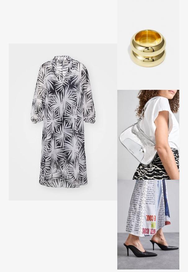 Diane von Furstenberg ILEANA DRESS - Denné šaty - black; Čierne kožené kliny s špicatou špičkou a ihlovým podpätkom, skombinované s bielym vzorovaným oblečením s detailmi na šnurovanie.; Strieborná metalická kabelka na rameno s hladkou textúrou, zakriveným dizajnom, retiazkou na nosenie a lesklým predným panelom s jemnou gravírovanou logom.; Zlatý dvojitý prsteň s hladkým, zaobleným dizajnom. Odrazová plocha s lesklým povrchom. Viditeľný vnútorný priemer, ktorý zdôrazňuje tvar a textúru.