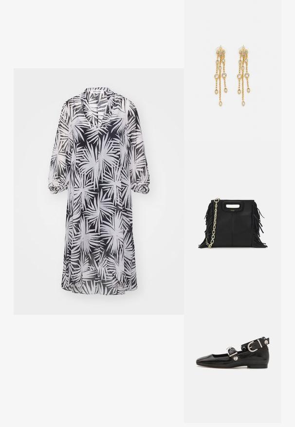 Diane von Furstenberg ILEANA czarny; Czarne lakierowane baleriny z kwadratowym noskiem, z paskiem na kostkę z metalowymi elementami w kolorze srebrnym oraz płaską podeszwą. Gładka textura i minimalistyczny design.; Czarna skórzana torebka na ramię z frędzlami, złotym łańcuszkiem oraz wyciętym uchwytem. Posiada umieszczone na przodzie logo.; Złote kolczyki z wieloma kaskadowymi łańcuszkami, z przezroczystymi owalnymi akcentami z rhinestone'ów oraz ozdobnymi sztyftami.