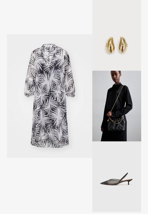 Diane von Furstenberg ILEANA DRESS - Dnevna obleka - black; NEOUS IRENA - Klasične pete - black; Črna prešita usnjena torbica z nabranim vrhom, zlatim verižnim naramnikom in pravokotno obliko, držana na enolični podlagi.; Zlato tonirane uhane s površjem, ki se lepo vije. Vsak uhane ima gladko površino in majhno zaponko z dekorativnim detajlom.