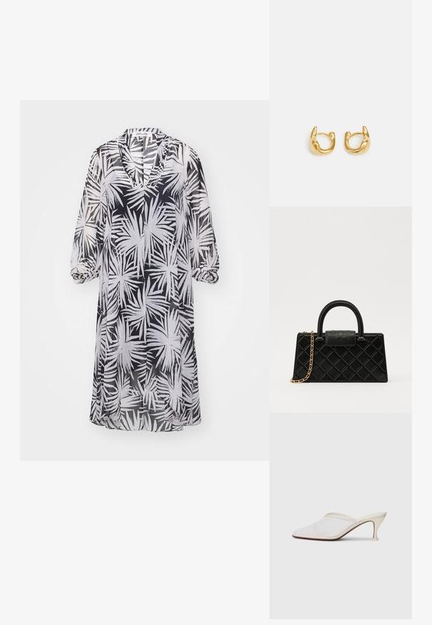 Diane von Furstenberg ILEANA DRESS - Kasdienė suknelė - black; Baltos tinklelio smailiakojės mules su plonu vidutinio aukščio kulnu ir užkulnio dizainu ant vientiso fono.; Juodas rankinės pagamintas iš struktūrizuotos odos, su deimanto raštu, auksinės spalvos grandinėle, viršutine rankena ir logotipu išsiskiriančiu užtrauktuku.; Auksiniai auskarai-žiedai su lygiu, apvaliu dizainu ir blizgiu paviršiumi. Auskarai turi kompaktišką, masyvų forma ir be siūlių užsegimą.