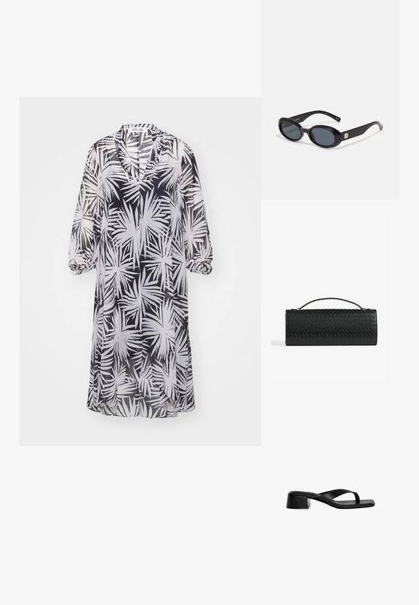 Diane von Furstenberg ILEANA czarny; Czarne skórzane sandały na obcasie posiadają projekt z paskiem między palcami, kwadratowy czubek oraz niski blokowy obcas. Gładka struktura w minimalistycznym stylu.; Czarne owalne okulary przeciwsłoneczne z ciemnymi soczewkami, błyszcząca plastikowa oprawka, szerokie zauszniki i mały złoty akcent z jednej strony.; Czarna pleciona skórzana kopertówka o prostokątnym kształcie, z cienkim uchwytem i subtelnymi złotymi akcentami.