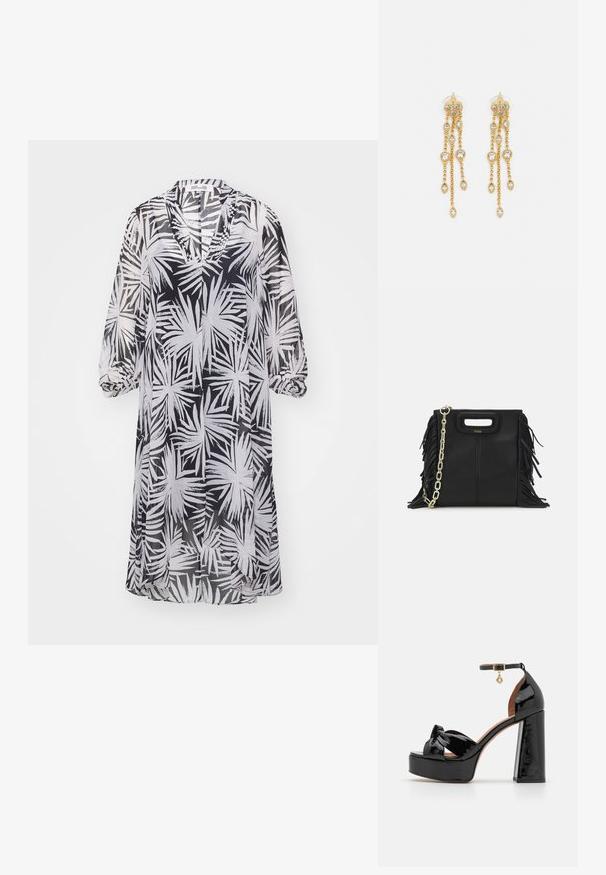 Diane von Furstenberg ILEANA DRESS - Rochie de zi - black; Maje Sandale cu toc - noir; Geantă de mână din piele neagră cu detalii din franjuri, curea de umăr din lanț auriu și un mâner cu tăietură. Prezintă plasarea logo-ului pe față.; Cercei aurii cu multiple lanțuri suspendate, având accente din rhinestone ovale clare și capete decorative cu tighel.
