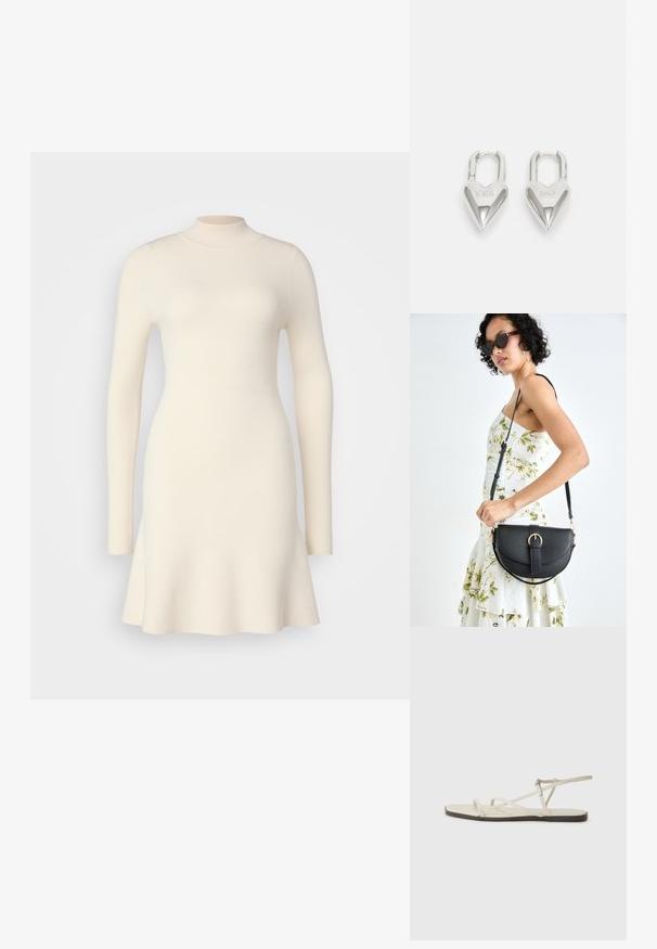 Pletene obleka dolgimi rokavi v svetlo beži barvi z visokim ovratnikom in razširjenim robom, ki ima gladko teksturo in oprijet zgornji del.; Beige ravne sandale z več tankimi trakovi in nastavljivim zaponcem. Podplat je raven z rahlo temnim kontrastom na robu.; Črna usnjena torbica s ukrivljeno obliko, z odstranljivo naramnico in zlatimi dodatki. Torbica ima pokrov s podrobnostmi v obliki zaponke.; Srebrni ključavnice v obliki srca z vgraviranima besedama "DA" in "NE", s poliranim zaključkom, simetričnim dizajnom in robustnim kovinskim nosilcem.
