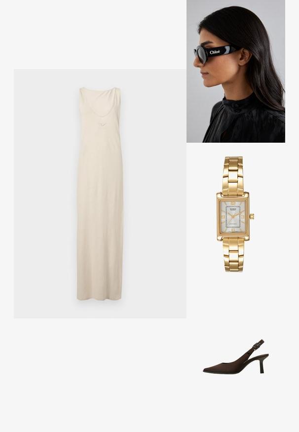 Robe maxi sans manches beige en tissu doux, avec un décolleté en forme de rond et des détails brodés au niveau de la poitrine. Texture lisse, longueur jusqu'au sol.; Escarpin slingback en daim marron avec un bout pointu, un design épuré, un talon fin et un accent de boucle sur la bride de cheville.; Lunettes de soleil noires avec des verres ronds et des montures audacieuses et angulaires présentant la marque "Chloé" en blanc sur le côté. Fini lisse et brillant.; Montre-bracelet rectangulaire dorée avec un cadran blanc, des index horaires argentés et un bracelet en métal durable. Fonction étanche incluse.