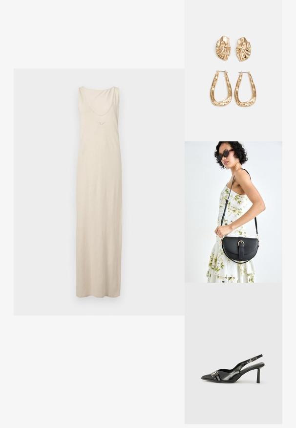 Beidža, bez piedurknēm, maksi kleita, kas izgatavota no mīksta auduma, ar izgriezumu apkakles daļā un izšūtu dekoru krūšu daļā. Gluda tekstūra, grīdas garuma.; Melnā patentēta ādas sandale ar norādītu purngalu, potītes siksniņām ar sudraba sprādzēm un aparatūru, kā arī smalku papēdi.; Melnas ādas rokassoma ar izliekta formu, noņemamu siksnu un zelta aksesuāriem. Somai ir vāciņš ar sprādzes detaļu.; Zelta krāsas auskari ar teksturētām, viļņotām formām. Iekļauts skulpturāls piespraužams modelis un atvērta gredzenveida konstrukcija ar izsistām virsmām.