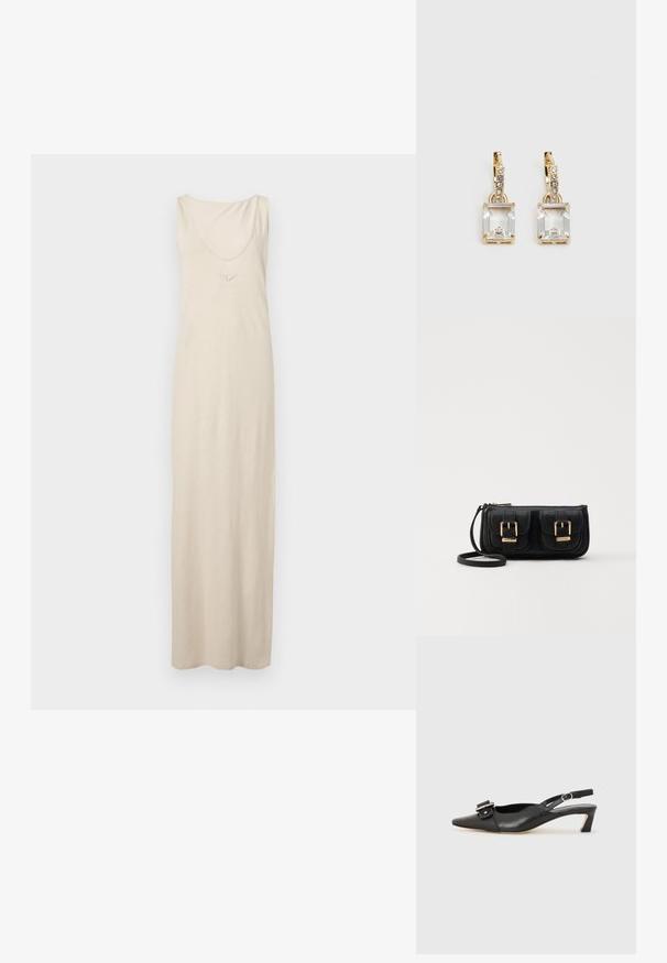 Beige, sleeveless maxi dress made of soft fabric with a scoop neckline and embroidered detailing at the chest. Smooth texture, floor-length.; Black leather slingback shoe with pointed toe, small heel, and decorative buckle detail on the upper. Smooth texture, minimalistic design.; Black leather crossbody bag with two front pockets, gold buckles, zipper closure, and a slim strap. Textured surface and compact rectangular shape.; Gold-tone earrings featuring a rectangular, clear crystal dangling below a row of small, round clear accents. Sleek, modern design.