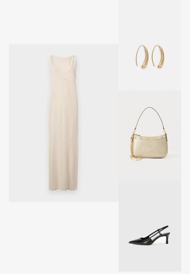 Beige, ermeløs maxikjole laget av myk tekstil med rund hals og broderte detaljer på brystet. Glatt tekstur, gulvlengde.; Sorte patent slingback hæl med spids tå, featuring tekstureret slangeskind, justerbar rem og en kort, tekstureret blokhæl.; Gullteksturerte håndvesker med en glatt lærstropp, med glidelås og subtilt logo-mønster trykket på overflaten.; Gullfargede metalløredobber med en buet, forlenget form. Har en jevn, blank overflate og en avrundet tupp for ekstra detaljer.
