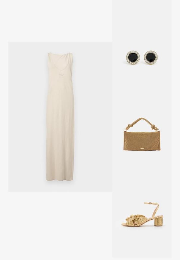 Beige, mouwloze maxi-jurk gemaakt van zachte stof, met een ronde hals en geborduurde details op de borst. Soepele textuur, van vloerlengte.; Gouden sandalen met hakken, voorzien van een textuur en geplooid ontwerp met een opvallende strikdetail. Enkelbandje met verstelbare gesp, medium blokhak.; Gouden mesh handtas met een textuurafwerking, een geknoopte handgreep en een ritssluiting. Heeft een subtiele merketiket aan de voorkant.; DKNY INLAY STUD - Oorbellen - black/gold-coloured