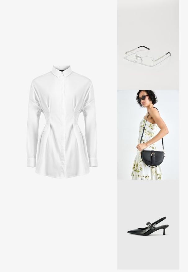 Biała koszula z długim rękawem, wykonana z gładkiego materiału, z zapinaniem na guziki z przodu, spiczastym kołnierzykiem i marszczonymi detalami po bokach dla uzyskania wysmuklającego efektu.; Czarne lakierowane szpilki slingback z wąskim noskiem i małym słupkiem, z ozdobnym srebrnym klamrą na pasku.; Prostokątne okulary z przezroczystymi soczewkami, z cienką srebrną metalową oprawą i czarnymi końcówkami z acetatu. Posiadają minimalną ilość elementów, co zapewnia elegancki wygląd.; Czarna skórzana torebka o zakrzywionym kształcie, z odpinanym paskiem i złotymi akcentami. Torebka posiada klapę z zapięciem w kształcie klamry.