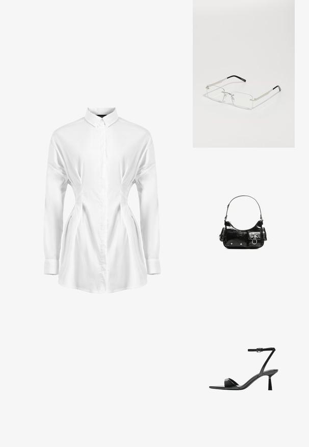Weißes Langarmhemd aus glattem Stoff, mit Knopfleiste, spitzem Kragen und gerafften Seitendetails für einen schlanken Effekt.; Bershka High Heel Sandalette - black; Rechteckige, klare Brillengläser mit einem dünnen, silbernen Metallrahmen und schwarzen Acetat-Enden. Verfügt über minimale Beschläge für ein schlankes Design.; Schwarze Lackleder-Handtasche mit geschwungenem Design, einem Schulterriemen, Vordertaschen und silberfarbenen Hardware-Akzenten.