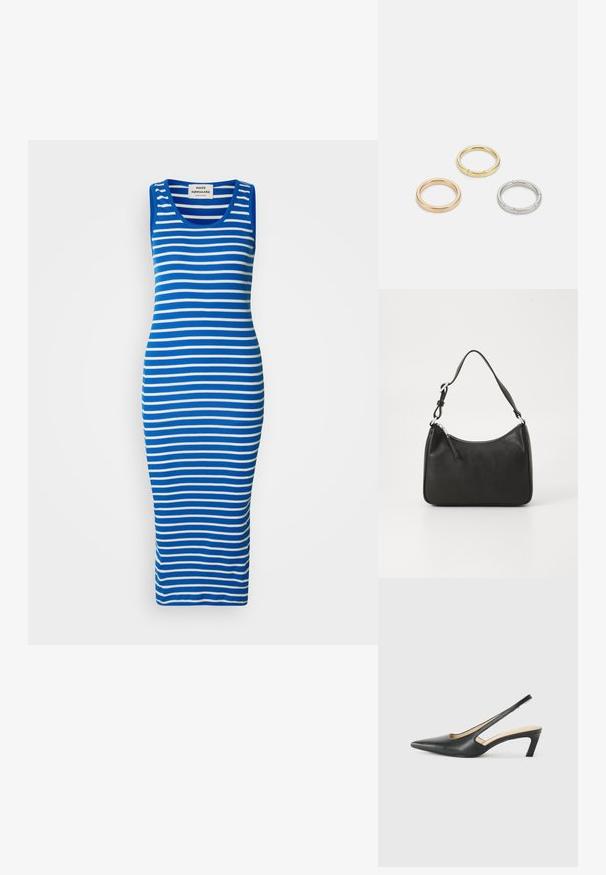 Blue and white striped tank dress in a fitted design. Made from a stretchy fabric with a scoop neckline and a long, straight hem.; Black pointy-toed slingback shoe with a low heel, featuring smooth leather material and cut-out design on the side for breathability.; Black leather handbag with a curved shape, a single strap, zip closure, and subtle branding on the front. Smooth texture, minimalist design.; Three metal rings: one rose gold, one gold with textured accents, and one silver, all with engraved branding on the inner band.