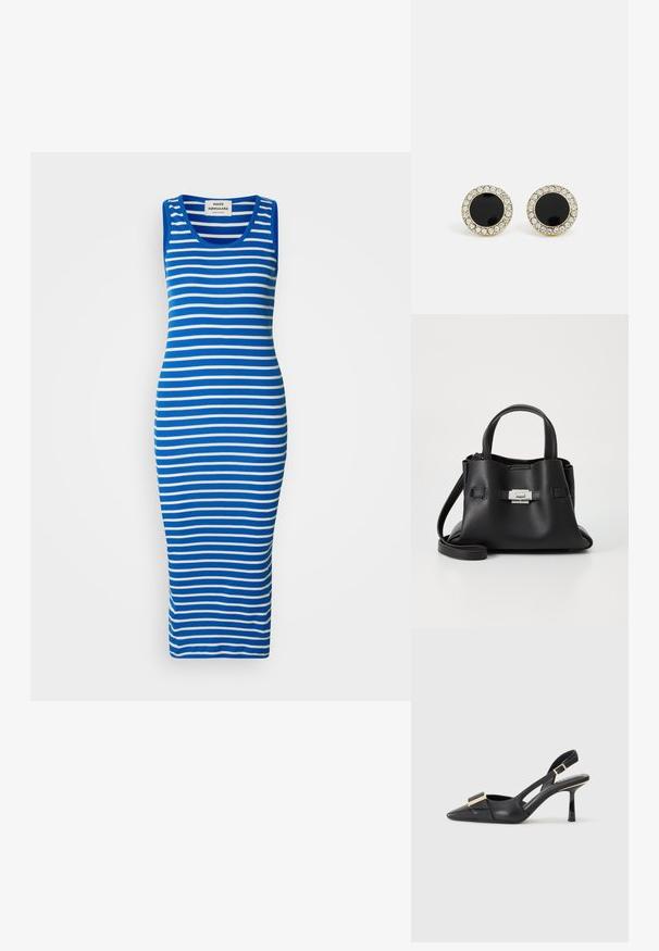 Robe débardeur à rayures bleues et blanches, au design ajusté. Fabriquée en tissu extensible, avec un col rond et un ourlet long et droit.; Chaussure slingback en cuir noir avec un bout pointu, un talon fin et un accent en métal doré sur le devant. Texture lisse et design structuré.; Sac à main en cuir noir avec une finition texturée, doté de deux poignées supérieures, d'une bandoulière amovible et d'un détail de fermoir en argent.; DKNY INLAY STUD - Boucles d'oreilles - black/gold-coloured