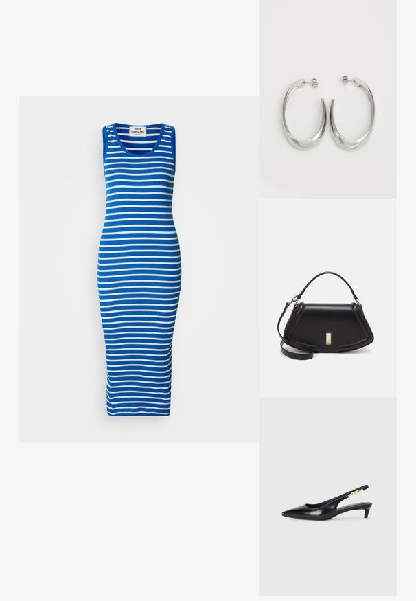 Sukienka na ramiączkach w niebiesko-białe paski o dopasowanym kroju. Wykonana z elastycznego materiału, z okrągłym dekoltem i długim, prostym dołem.; Czarne skórzane szpilki typu slingback z ostrym noskiem, posiadające smukły obcas i złoty akcent na regulowanym pasku. Gładka tekstura.; Czarna skórzana torebka o strukturalnym designie, z przyciętą formą, górnym uchwytem i złotymi akcentami. W zestawie regulowany pasek na ramię.; Srebrne kolczyki-hoop o gładkim, zakrzywionym designie. Posiadają błyszczące metaliczne wykończenie i zapięcie na sztyft. Brak widocznych wzorów lub akcentów.